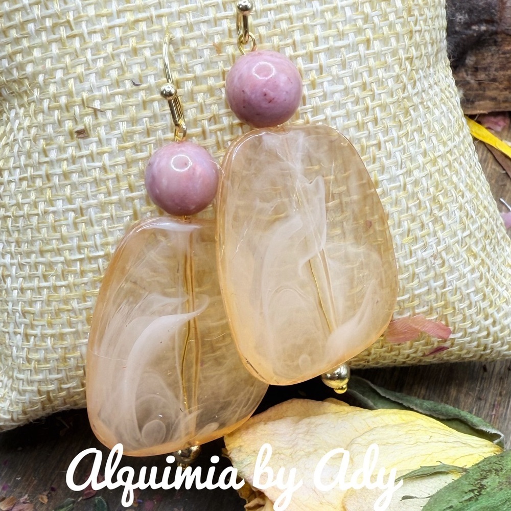 Gold pink gemstone and acrylic dangle statement earrings